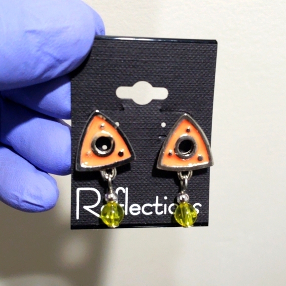 Women's Orange Silver-tone  Triangle Design & Yellow Bead Drop Dangle Earrings - Picture 1 of 4